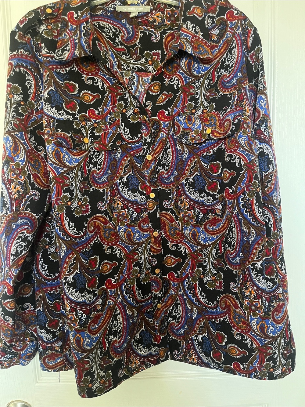 NY Collection Black Paisley Button-Down Shirt with Red & Blue Accents